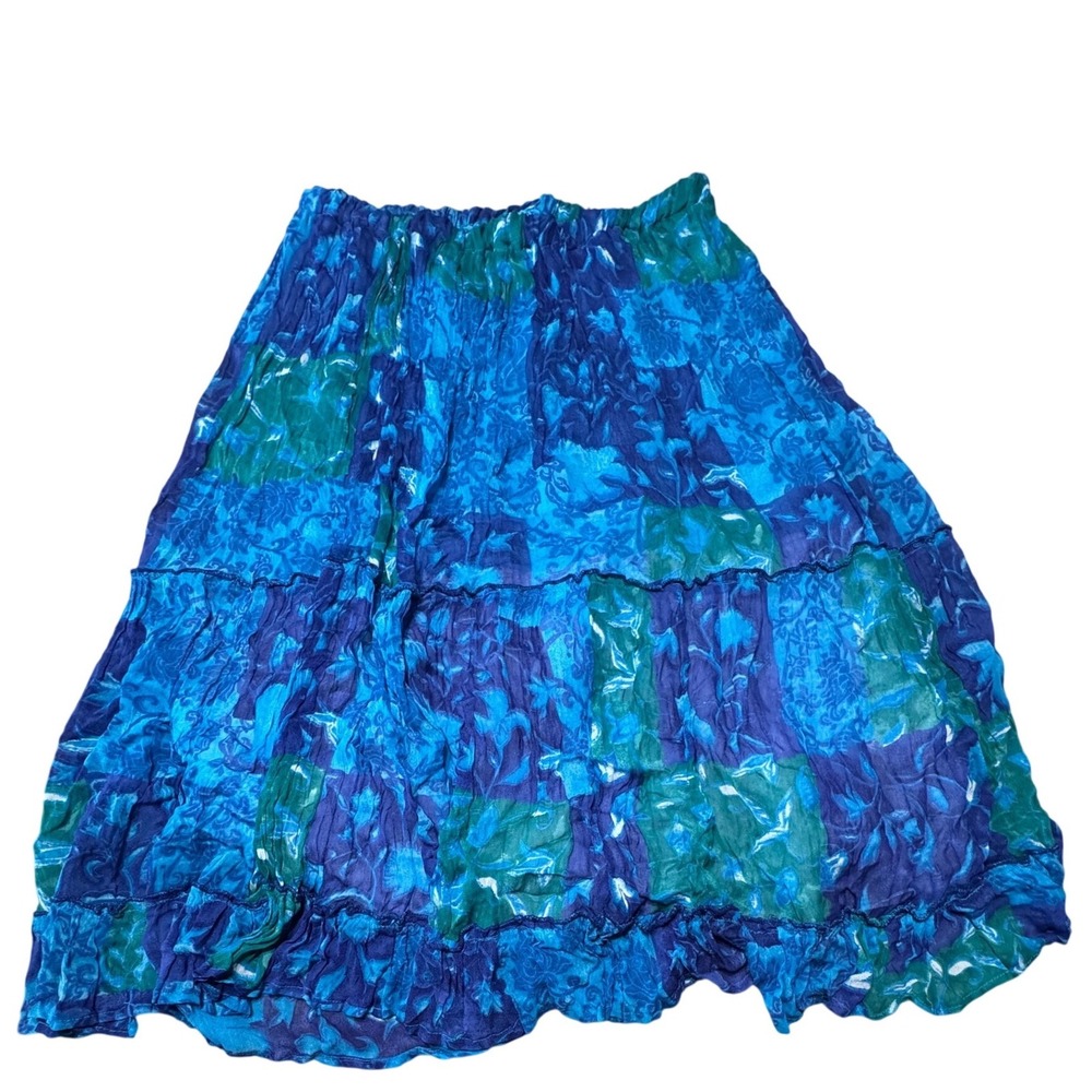 Floral Maxi Skirt Womens L Blue Green Boho Tiered Crinkle Patchwork